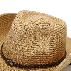 Western straw sun hat with woven leather band and metal bull head emblem detail