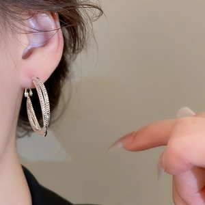 Detailed macro view of silver twisted double hoop earrings worn on a female model