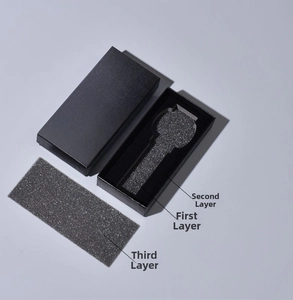 Detail view of rectangular watch box with textured paper lid and custom EVA foam insert