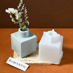 Modern cubic silicone vase mold for DIY resin casting with finished square flower pot