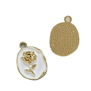 Vintage rose oval pendant with gold alloy frame, white enamel and pearl accents