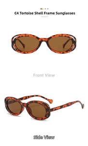 Detail view of oval cutout sunglasses with tortoiseshell frame and brown lenses