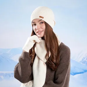 Winter 3-piece set with knitted beanie, scarf, and gloves in creamy white finish