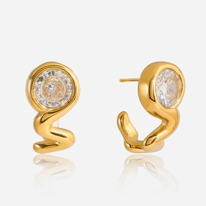 Minimalist Stainless Steel Rhinestone Stud Earrings For Women Light Luxury Gold Wave Geometric S-Shaped Fashion Earrings Jewelry