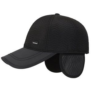 Men's winter baseball cap with ear flaps and black quilted herringbone pattern fabric