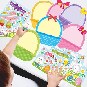 Close-up of child decorating colorful Easter egg basket cards with bunny stickers