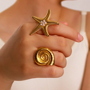 Ins Fashion Stainless Steel Starfish And Conch Shell Rings With Imitation Artificial Pearl 18K Gold Plated Open Adjustable Jewelry