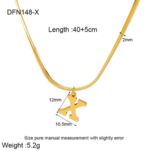 Detailed size chart for 18K gold plated flat snake chain necklace with letter X pendant