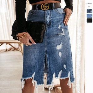 High Waisted Distressed Denim Skirt Ripped Fringed Hem Front Slit Bodycon Midi Skirts For Women Casual Streetwear