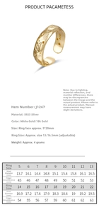 Detailed size guide for 925 sterling silver ring showing inner diameter and circumference