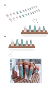 Détails de faux ongles vert menthe à carreaux avec strass et perles de luxe