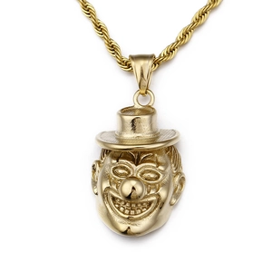 Hip hop style gold clown pendant necklace with top hat on twisted metal chain
