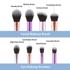 Detail of 8pcs makeup brush set with metallic handles and dual-tone synthetic bristles