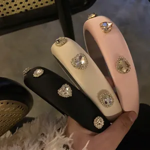 Pink, beige, and black padded satin headbands with luxury rhinestones and heart crystals