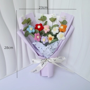Detail view of colorful crochet puff flowers bouquet with dimensions 23cm by 28cm