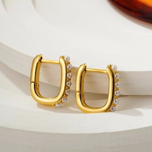 Elegant 18K gold-plated U-shaped earrings with fine white pearl inlay for women