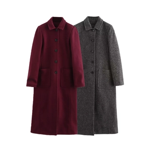 Detail of single-breasted wool blend coats in burgundy and grey with lapels and pockets