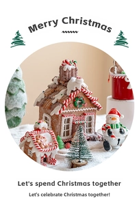 Detailed Christmas scene featuring gingerbread houses, a snowman, and mini trees on white background