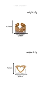 Size guide for heart and woven steel rings showing weight in grams and dimensions in cm