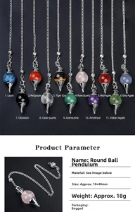 Macro detail of 11 natural crystal agate sphere pendulum pendants with metal chains