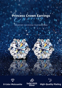 Macro shot of classic six-prong moissanite earrings in S925 sterling silver with reflections