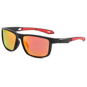 Close-up of lightweight sports sunglasses with black red frame and orange gradient lenses