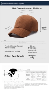 Size chart showing baseball cap brim depth and circumference for men and women