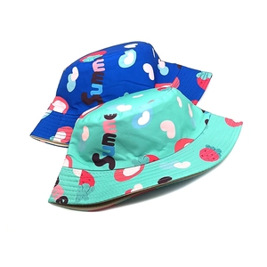 Kids bucket hat with strawberry print and Summer text in blue and mint green colors