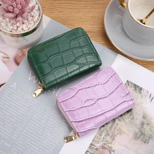 Mini faux crocodile leather zip wallet in dark green and light purple colors