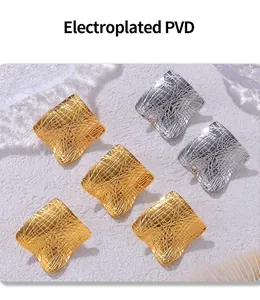 Detailed macro view of PVD electroplated square earrings with woven brushed texture finish