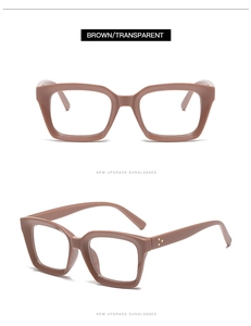 Detail view of square frame glasses in brown and transparent two-tone finish