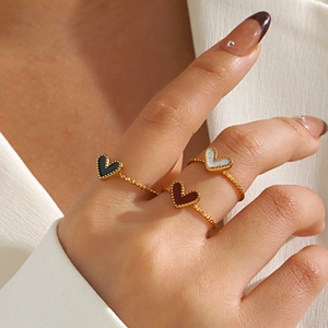 Minimalist gold stainless steel heart rings with black, red and white enamel for women