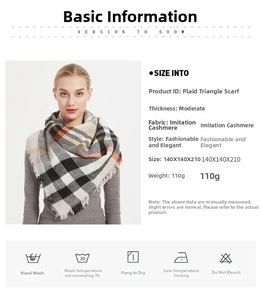 Infographic showing cashmere-like plaid triangle scarf dimensions 140x140x210cm and wash guide