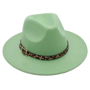 Detail of light green wool fedora hat featuring leopard print band and gold buckle