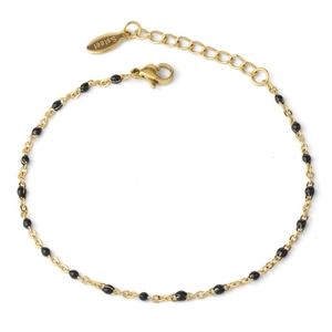 Minimalist gold stainless steel chain bracelet featuring small black round beads on white background