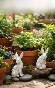 Détail de statues de jardin en résine mère et bébé lapin parmi les plantes
