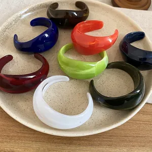 Minimalist thick acrylic C-shape open bangles with colorful marble patterns for women