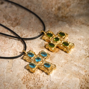 Vintage 18k gold stainless steel cross necklace with emerald and sapphire stones