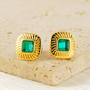 Vintage style square green zircon stud earrings in gold-tone textured stainless steel