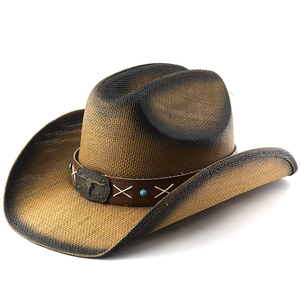 Vintage western cowboy straw hat with gradient brown finish and bull head metal buckle
