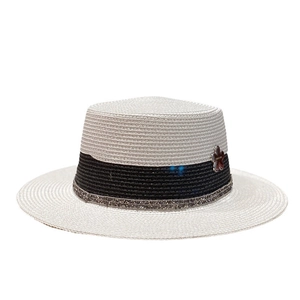 Cappello di paglia boater da donna con fiore a contrasto e bordo con paillettes