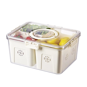 Transparent food-grade fridge organizer with lid and drainage holes for kitchen storage