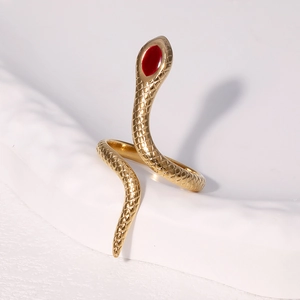 Gold snake wrap open ring with red enamel eyes and detailed scale texture