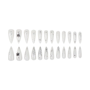 Gothic Halloween press-on nails with silver flames and 3D black spider ornaments