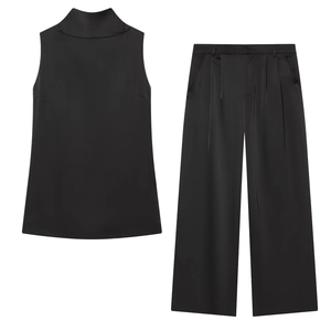 Acetate Satin Sleeveless High Neck Tie Bow Top And Wide Leg Pants Elegant Black Streetwear Casual Fashion Women