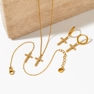 Collier Bracelet Et Boucles D'oreilles Créoles Pendentif Croix Acier Inoxydable Bijoux Avec Strass Pour Femme