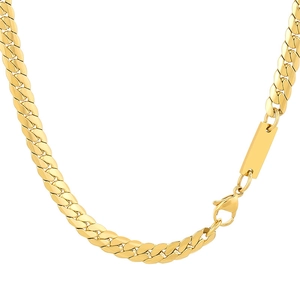Gold stainless steel flat Cuban link chain necklace with lobster clasp and metal tag