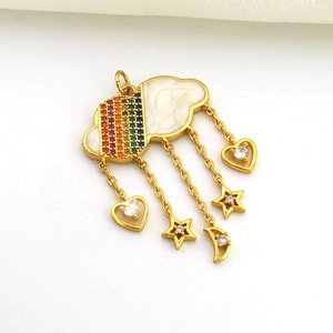 Detailed shot of gold-plated rainbow cloud charm with zircon star and moon tassels