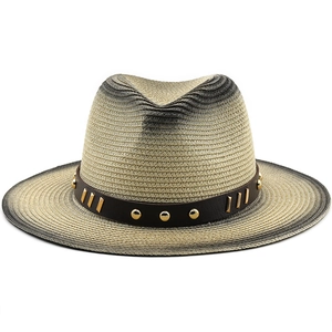 Detail of gradient straw hat with leather band and decorative gold metal rivets