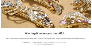 Detailed macro view of gold spring clips with sparkling crystals and elegant pearls